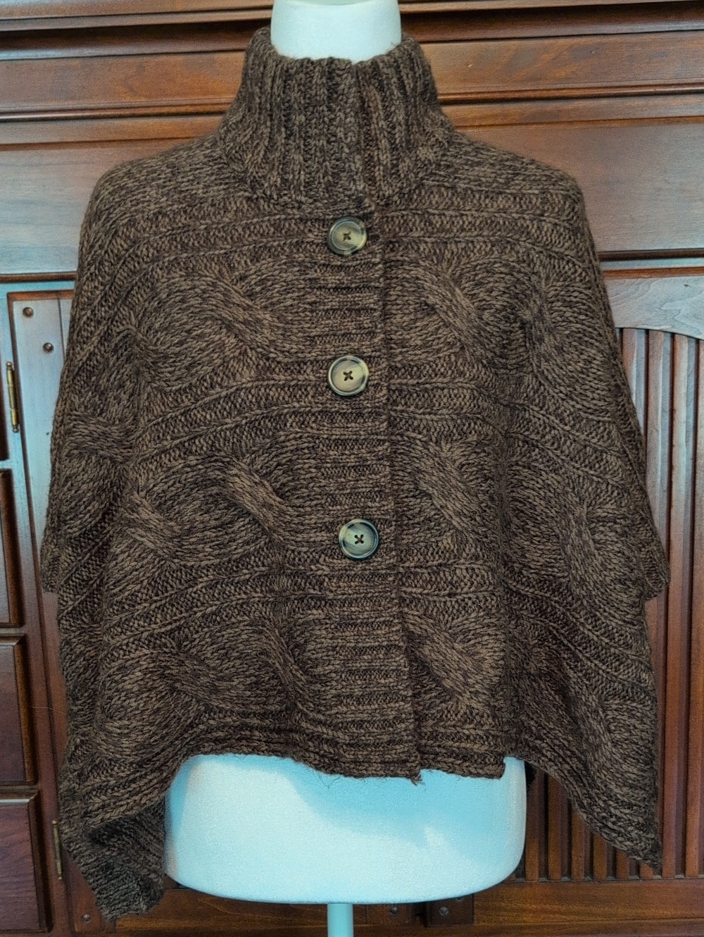 Decree Brown Cable-Knit Button-Front Poncho Sweater